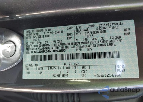 2022 Ford Escape Sel Plug-In Hybrid z USA, uszkodzony, nr VIN 1FMCU0KZ4NUB93553